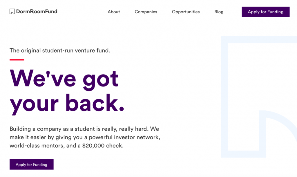 Dorm Room Fund website screenshot